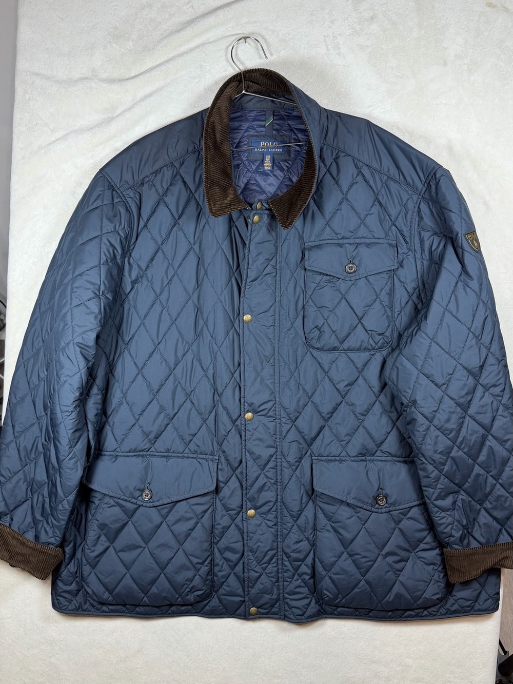 Polo Ralph Lauren 5XB Navy Quilted Jacket with Brown Corduroy Collar Classic